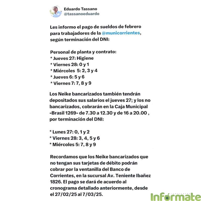Este jueves comienza el pago de sueldos a municipales