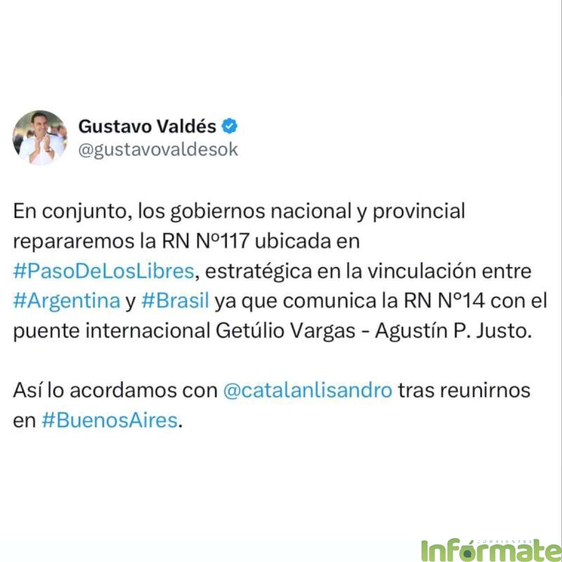 Valdés anunció la reparación conjunta con Nación de la Ruta Nacional N°117