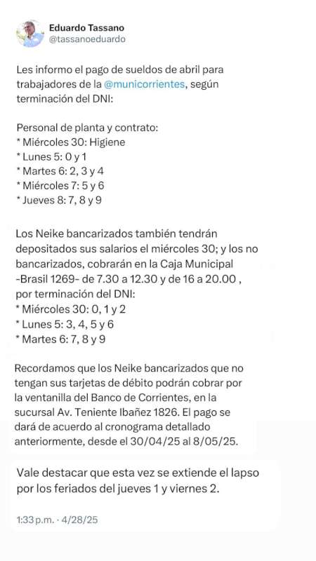 Este miércoles 30 comienza el pago de sueldos a municipales