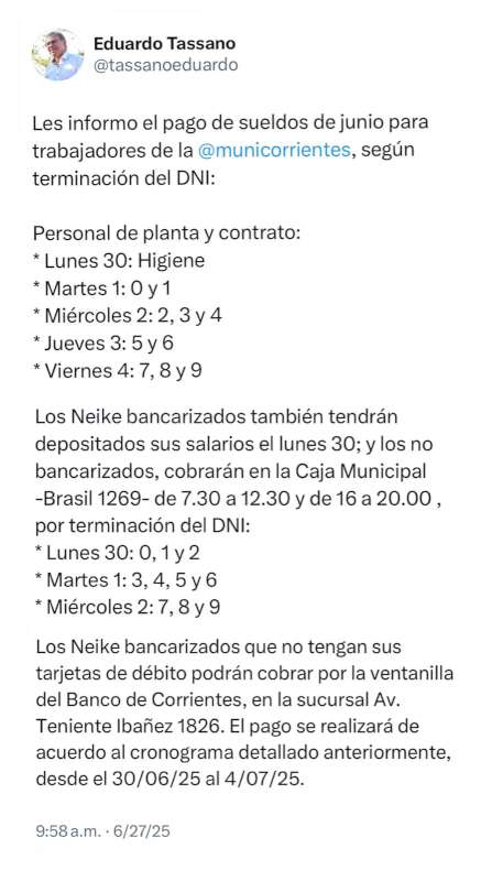 Este lunes 30 comienza el pago de sueldos a municipales