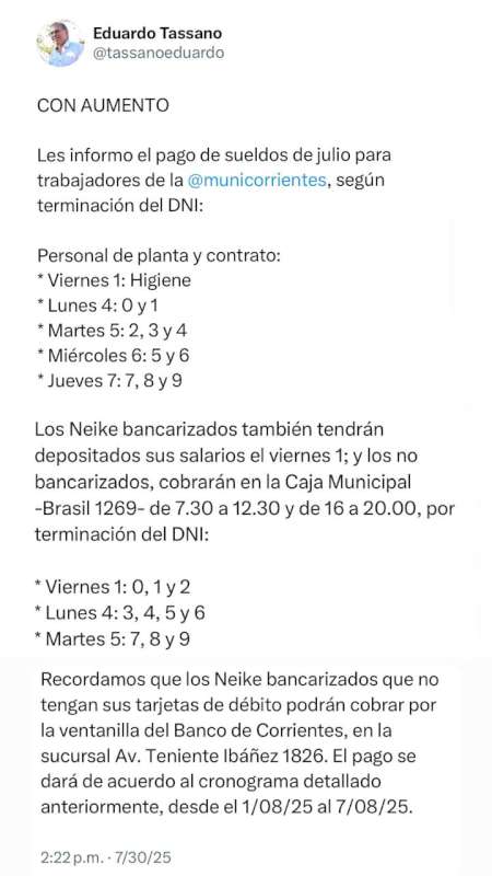 Con aumento, este viernes 1° de agosto comienza el pago de sueldos a municipales